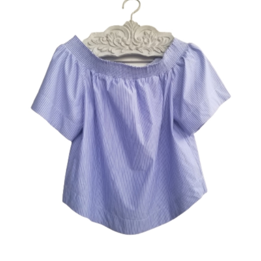 J. Crew Stripe Off Shoulder Blouse Size 12/Large Blue White Stripe - Picture 4 of 10